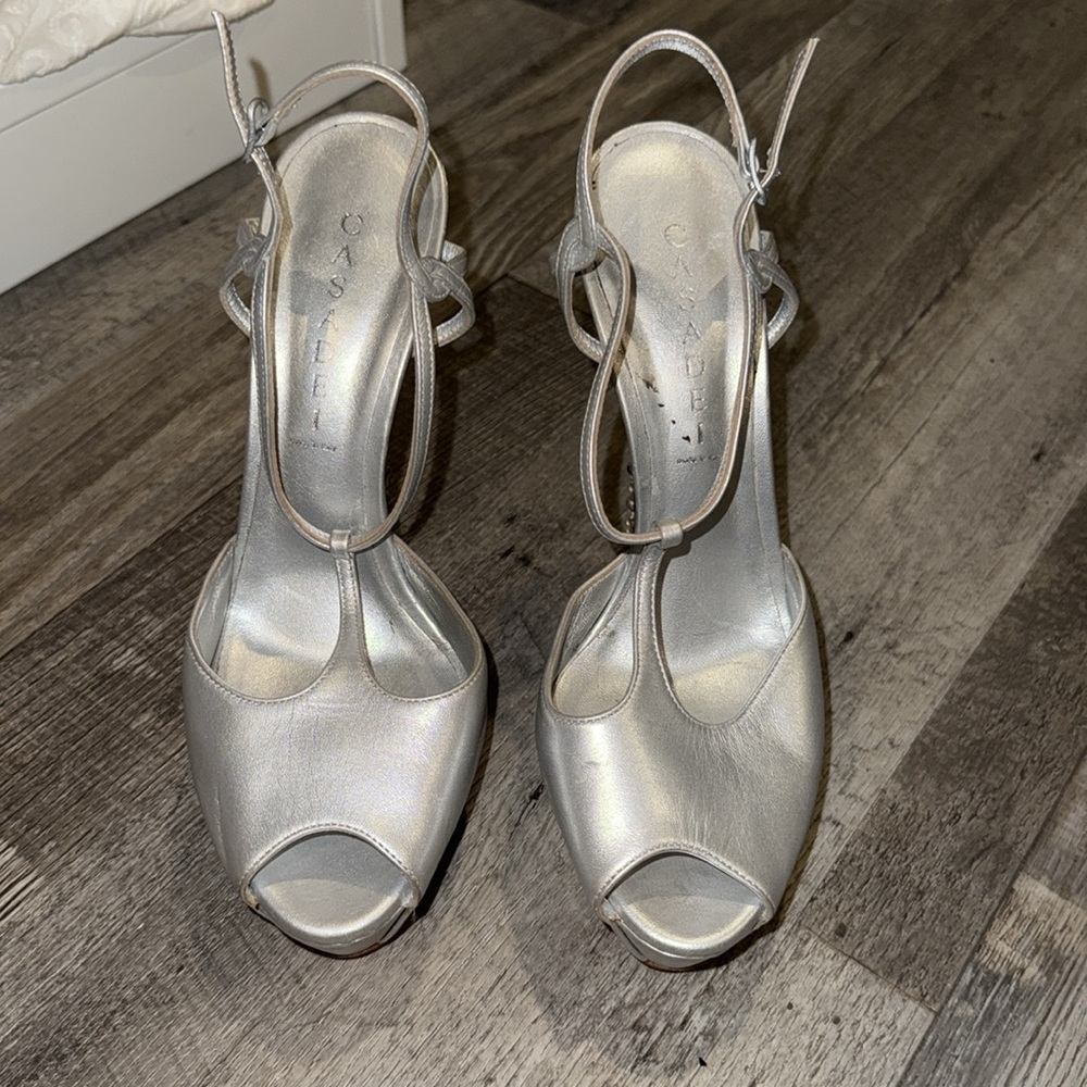 Casadei Peep-toe pumps in silver leather with heel with full rhinestone heels